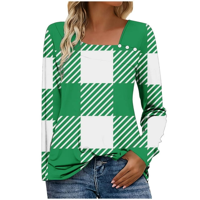 HAiming Plus Size Womens Pullover Tops Plaid Square Neck Button Casual Long Sleeve Blouse Spring Fall Clothes