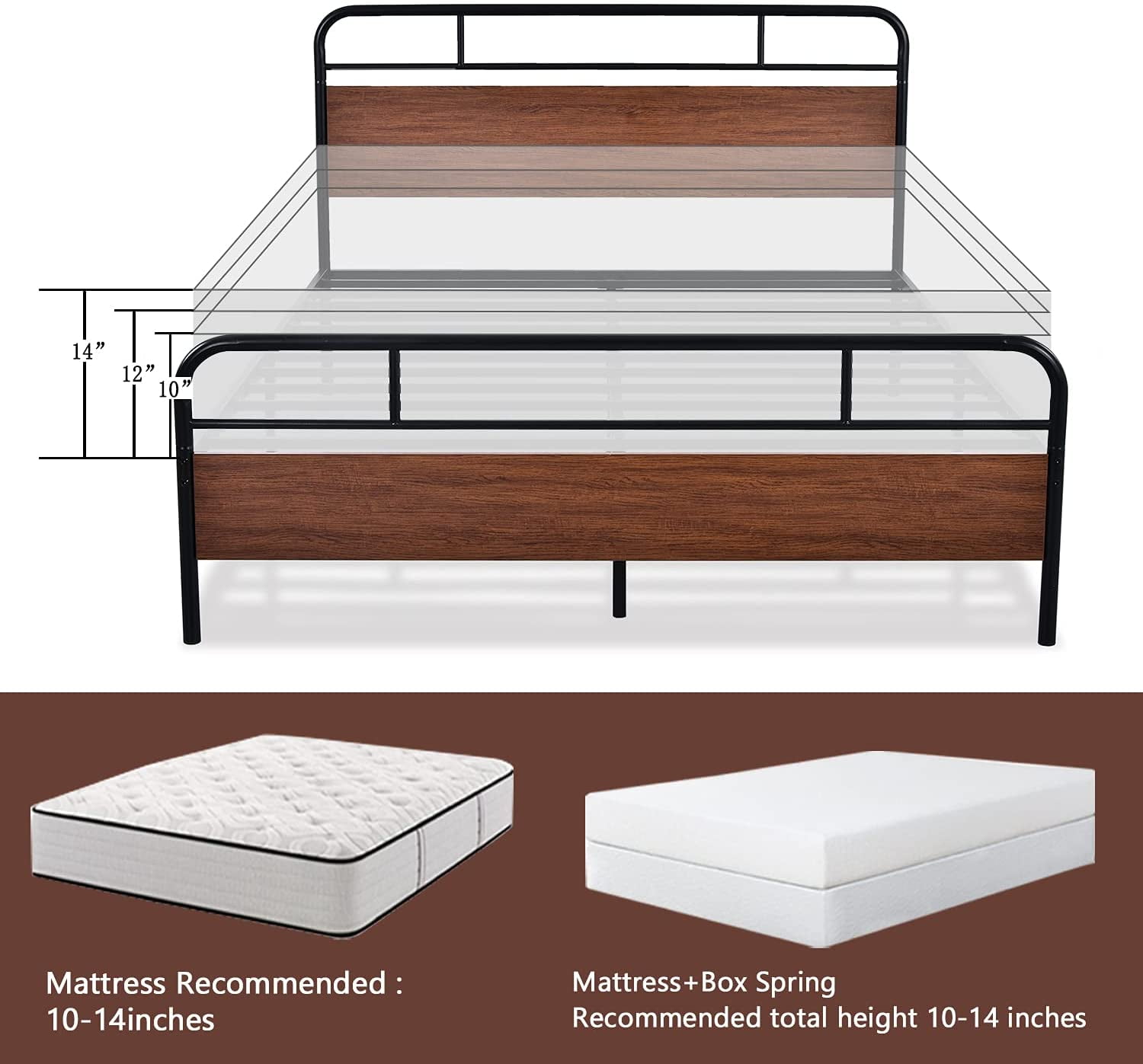 Sha Cerlin Light Brown Full Size Metal Platform Bed Frame with Industrial Heavy Duty Wooden Headboard