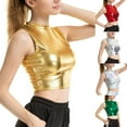 thumbnail image 4 of Ana Women Faux Leather Shiny Wetlook Mock Neck Crop Top Vest Tank Top Dance Clubwear, 4 of 9