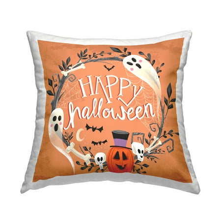 Stupell Industries Whimsical Orange Happy Halloween Ghosts Wreath Design by Arrolynn Weiderhold Throw Pillow