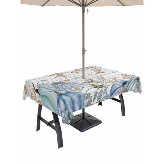 Outdoor Tablecloth with Umbrella Hole and Zipper, Blue Teal Fall Rectangle Table Cloth 60x84 Inch Waterproof Tablecloth, Thanksgiving Pumpkins Vintage Botanical Picnic Table Cover for Patio Camping