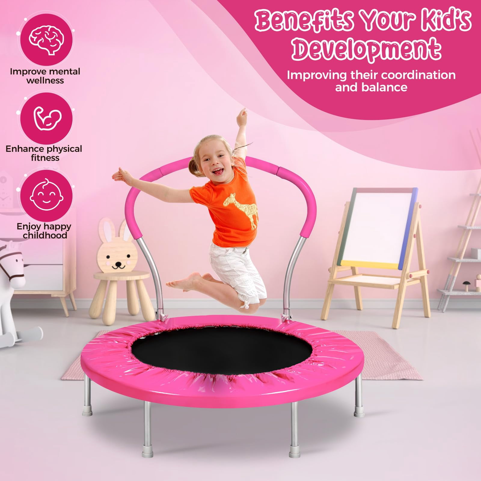 JOYFULIN 36" Trampoline for Kids, Mini Indoor/Outdoor Toddler Trampoline with Handle, Small Rebounder, Fitness Gift for Baby, Girls, Boys, Pink