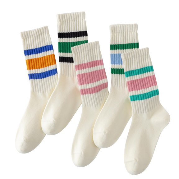 Lohol Striped or Solid Cotton Tube Socks, 5 Pairs, Seamless Casual Comfort for Women and Men