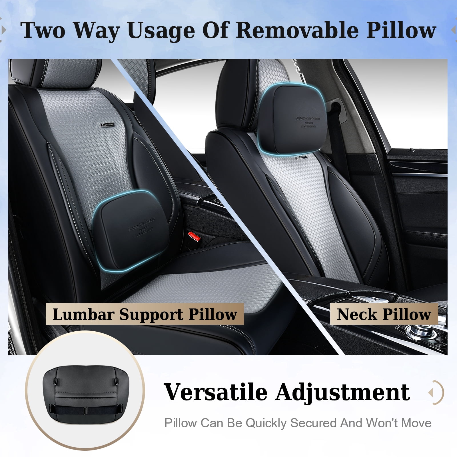 Coverado Waterproof Seat Covers For Cars, High-grade Leather Front Seat Protectors with Lumbar Support, Auto Cushions Universal Fit for Most Cars SUV Trucks, Black&Gray