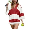 thumbnail image 2 of felwors Women Striped Workout Set Two Piece Outfit Tracksuit Oversized Lounge Set Top and Shorts Sets with Pockets Red, M, 2 of 7