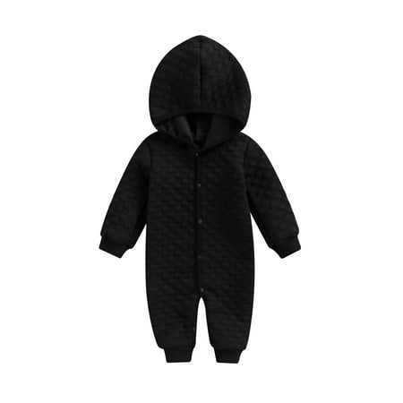 

Calsunbaby Toddler Baby Boys Autumn Hooded Jumpsuit Solid Color Long Sleeve Casual Button Down Romper Bodysuit Black 12-18 Months