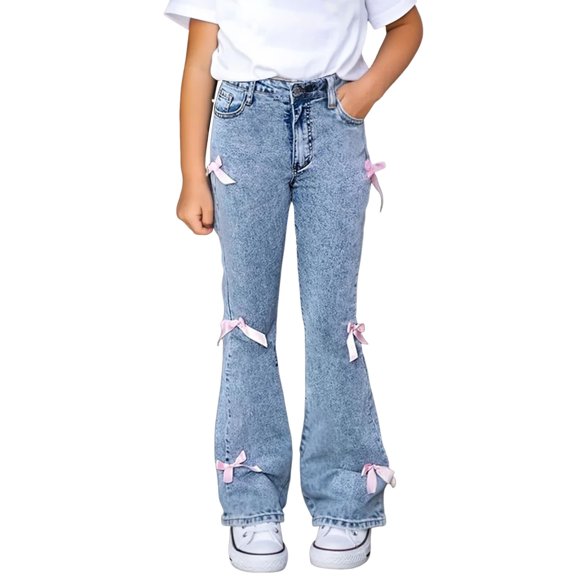 KAUOD Teen Girls Bow Jeans Straight Flare High Waist Denim Pants with Pockets Kids Fall Vintage Casual Cute Trousers
