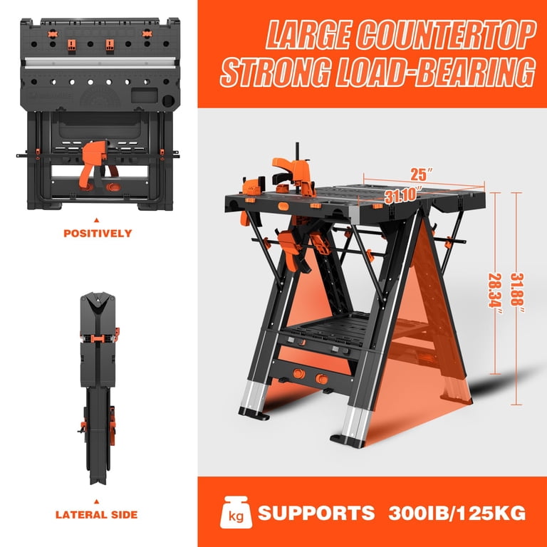 LARBANKE Heavy-Duty 2-in-1 Folding Workbench 31x25x32in Waterproof
