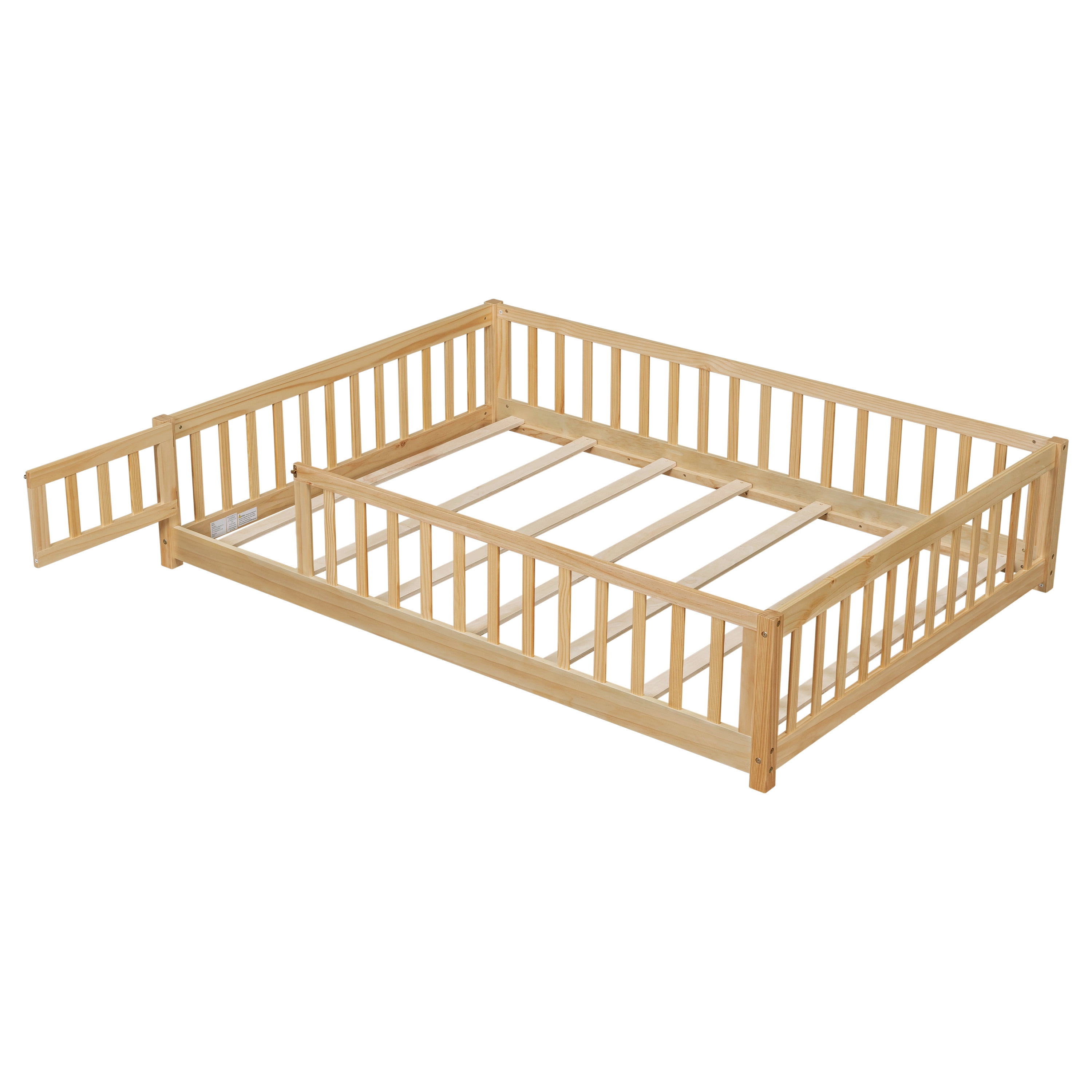 Alvantor Full Size Montessori Floor Bed for Kids with Door and Fence, Rubber Wood Toddler Platform Bed Frame, No Box Spring Needed, Natural