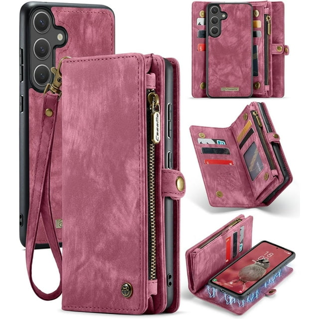 Funda tipo cartera para Samsung Galaxy S25 FE, con cremallera, tarjetero, correa de muñeca, funda protectora trasera magnética desmontable a prueba de golpes para Samsung Galaxy S25 FE 5G