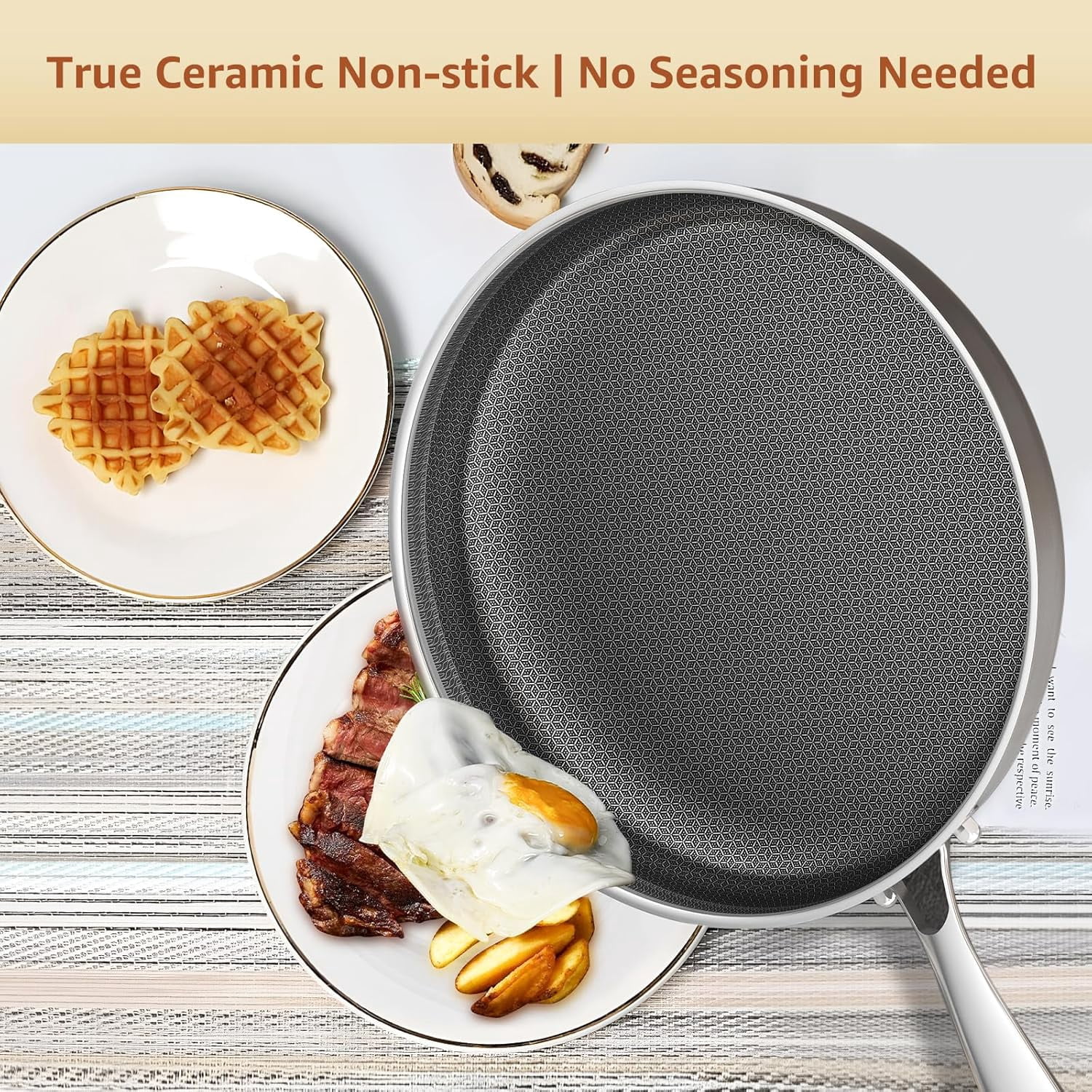 LOLYKITCH Tri-Ply Hybrid Non-Stick Frying Pan with Lid,12 inch Skillet,Induction Cooking Pan,Dishwasher and Oven Safe,Detachable Handle.