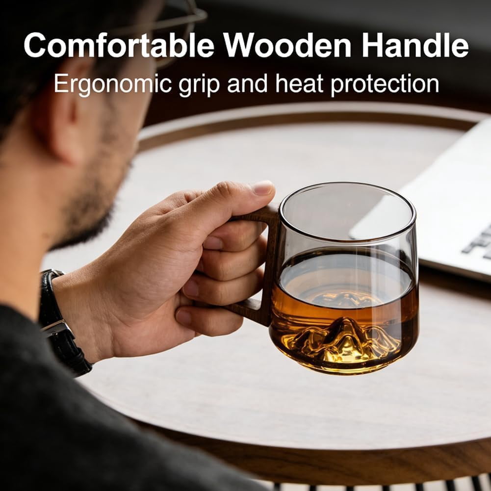 Smokey Gray Glass Slanted Coffee Cups with Wooden Handle, Mountain Base Artistic Mug, Borosilicate Heat Resistant Drinkware for Latte Espresso Tea, Elegant Conical Design (Transparent, 2)