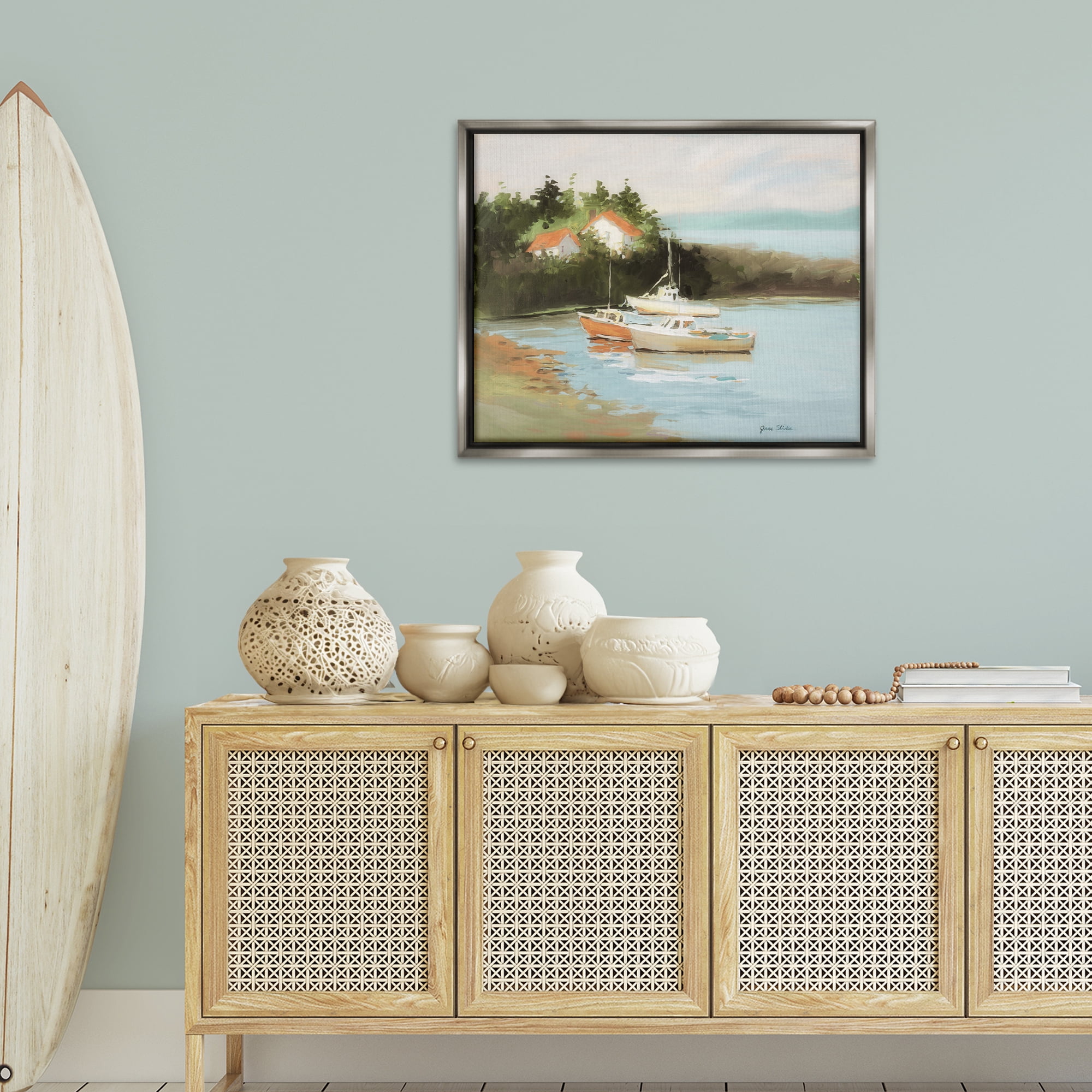 Stupell Industries Calm Boat Harbor Coastal Painting Gray Floater Framed Canvas Art Print Wall Art, 31 x 25