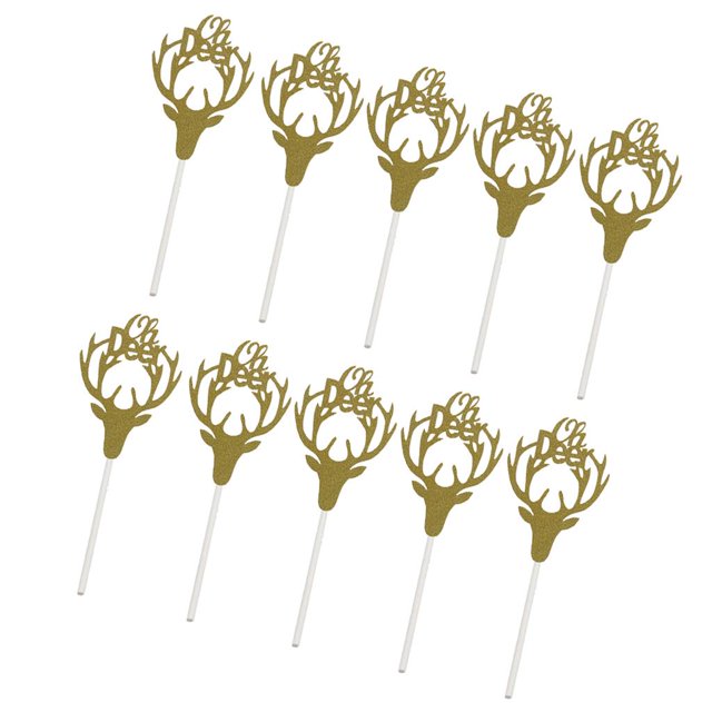 10pcs Glitter Deer Head Cake Sticks Woodland De Cumpleaños Comida Postre Picker Oro