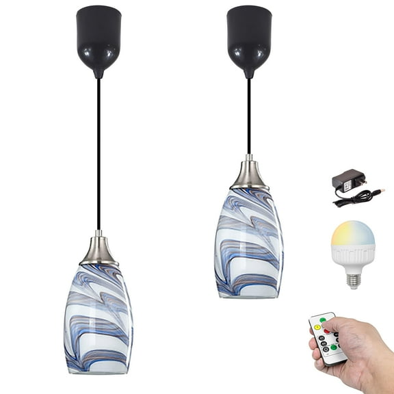 Kiven Battery Operated Pendant Light with Remote, Timer, Dimmable, Rechargeable Hanging Pendant Light Adjustable Height with Art Glass Globe for Bedroom Kitchen Reading Bar(Set of 2) Dark Blue