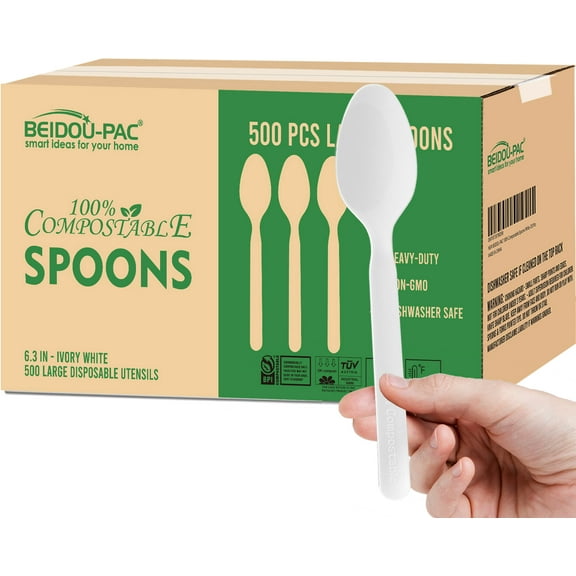 BEIDOU-PAC 500 Count Compostable Disposable Non Plastic Spoons, Large Heavy Duty Biodegradable Utensils, Eco Friendly Durable Sturdy Recyclable Spoons Flatware Silverware for Party Wedding Daily Use