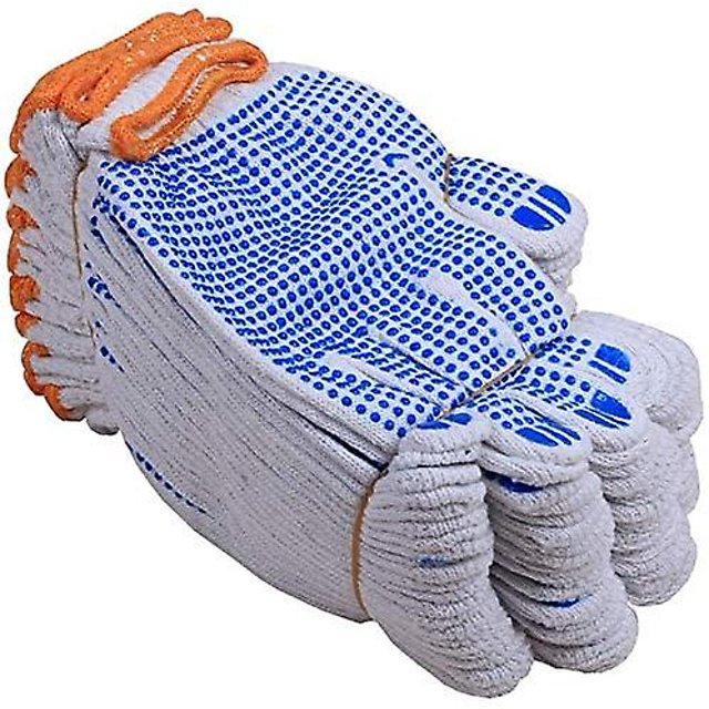 12 pares de guantes de trabajo protectores de algodón blanco, guantes punteados, guantes punteados de hilo de algodón