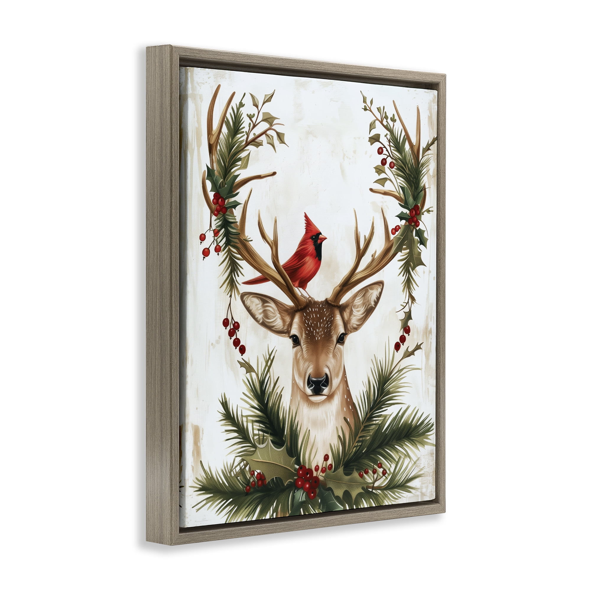 Stupell Industries Cardinal & Deer with Festive Flora Brown Framed Floater Canvas Wall Art, design by Acorn & Ivory Designs