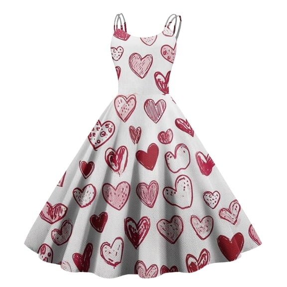 Spring Valentines Dress for Women Elegant Off Shoulder Sleeveless Dresses Love Heart Print Beige M