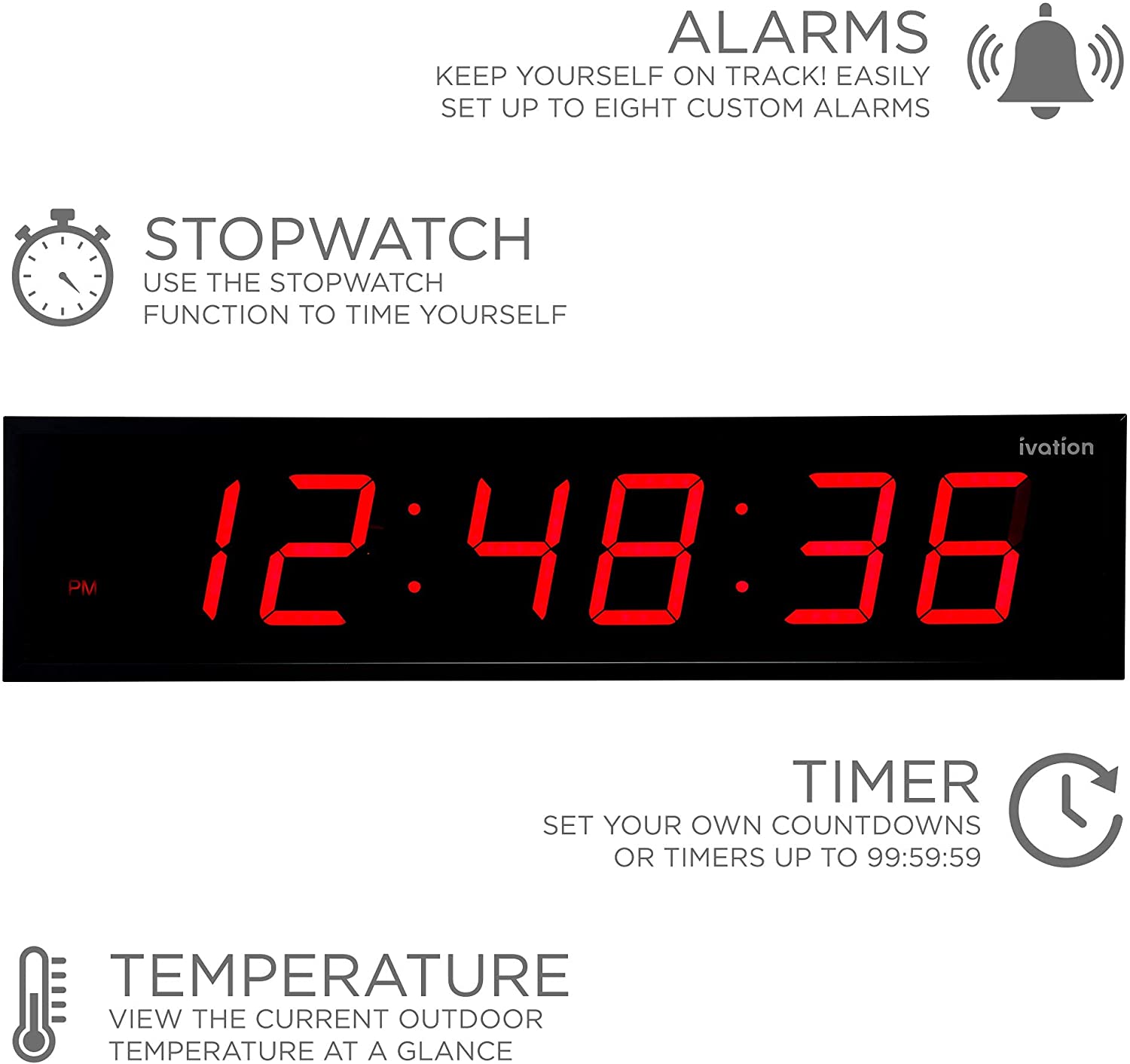 Ivation Digital LED Display Clock with Stopwatch, Alarms, Timer  Temp 24