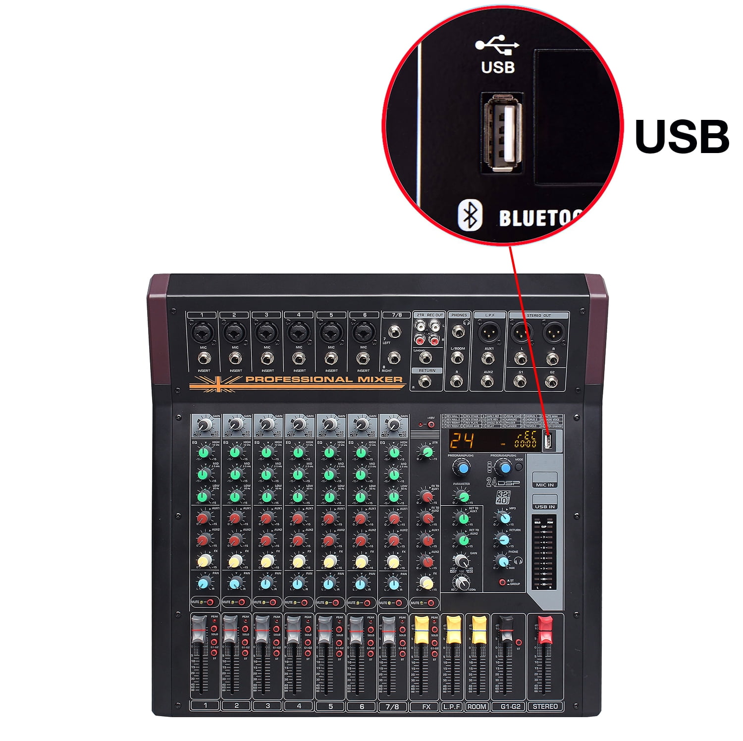 Boytone 8-Channel Bluetooth Studio Audio Mixer - DJ Sound Controller Interface with USB Port, AUX Jack, 4 XLR Microphone Jack, 48V Power, 16 DSP Effect, Input/output for Professional user