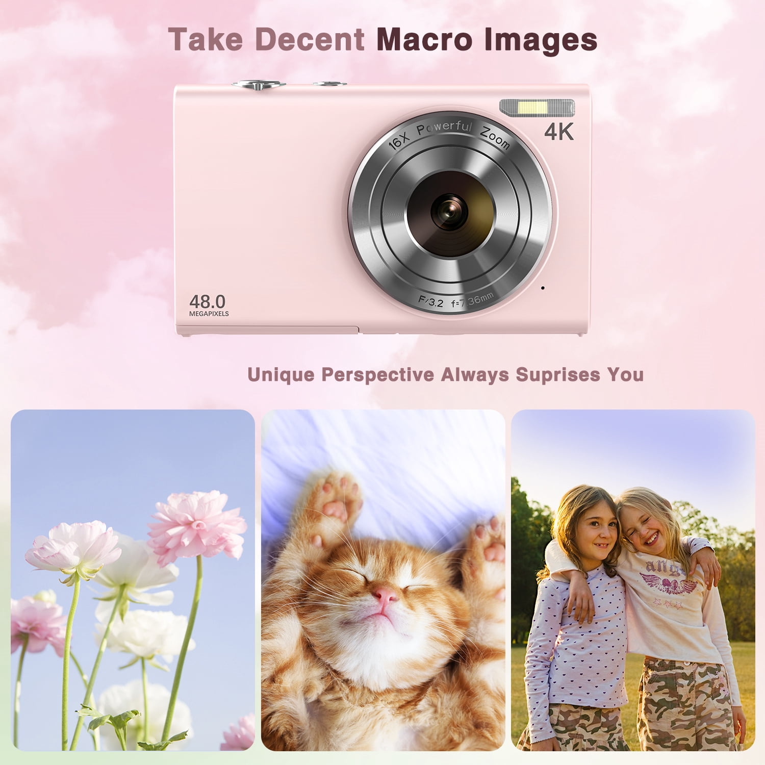 48MP 4K Digital Camera with Autofocus & 16X Zoom - Includes 32GB Card & 2 Batteries, Compact for Beginners (Pink)