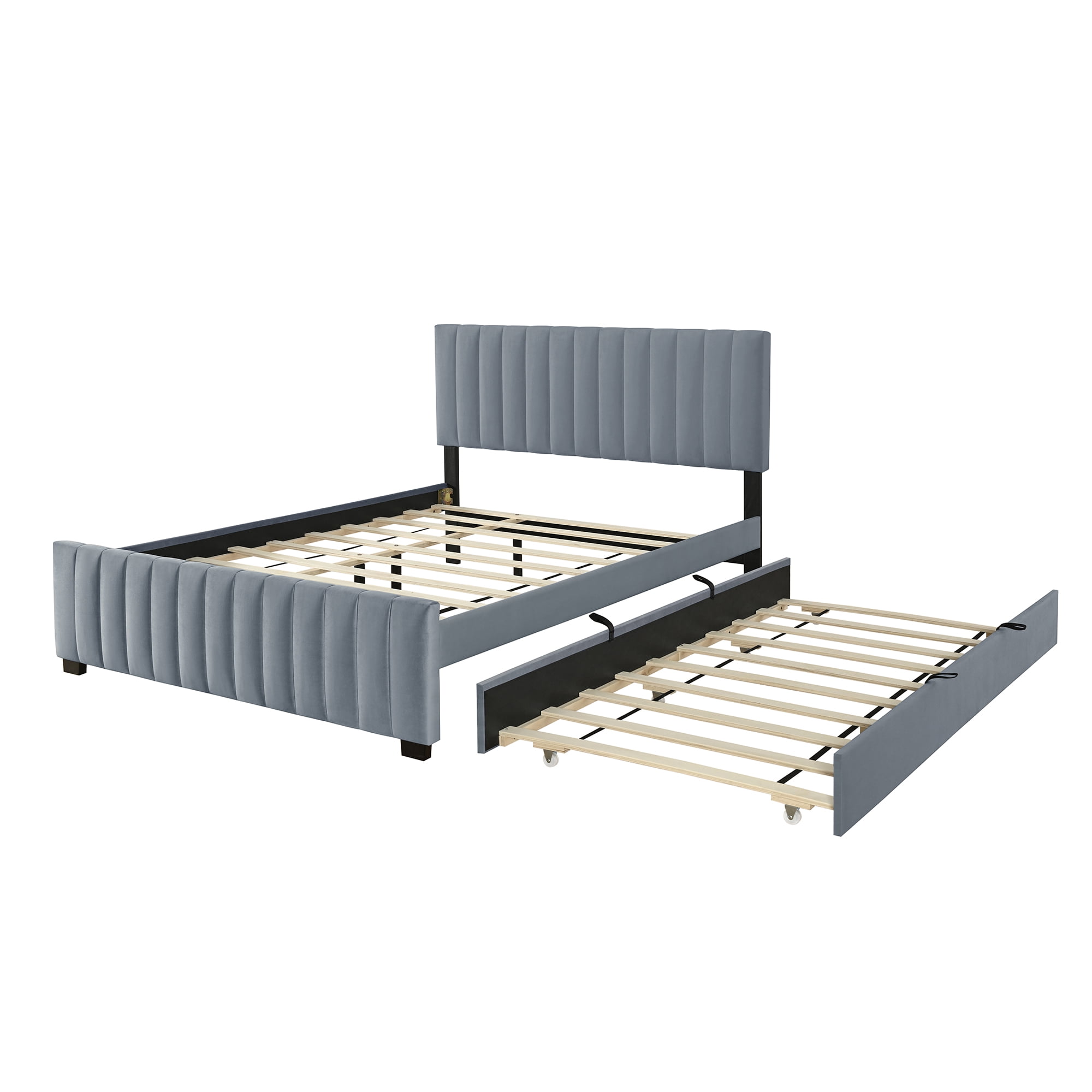 Aukfa Queen Size Upholstered Bed Frame with Twin XL Trundle, Velvet Tufted Headboard & Footboard, Gray