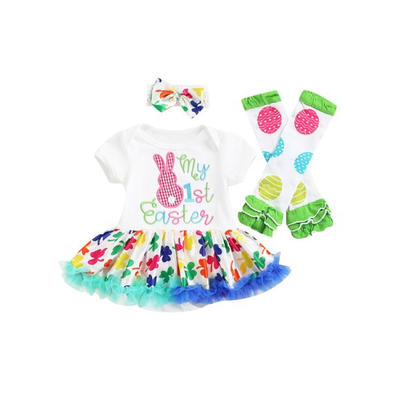Bagilaanoe 3Pcs Newborn Baby Girl Easter Outfits Rabbit Letter Embroidery Short Sleeve Rompers Dress   Headband   Leg Warmer 3M 6M 12M 18M Infant One Piece Bodysuit Skirts