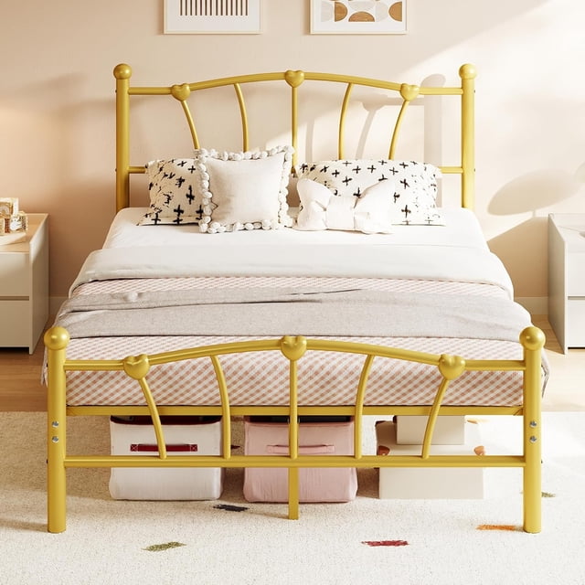 Full Bed Frame for Kids, Full Size Bed with Headboard and Footboard, Heart Shaped Platform Bed Frame, Heavy Metal Slat Support, Noiseless, No Box Spring Needed, Gold