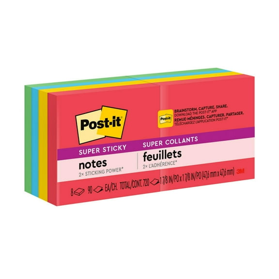 Post-it Super Sticky Notes, Playful Primaries Collection, 1 7/8 in. x 1 7/8 in., 90 Sheets, 8 Pads