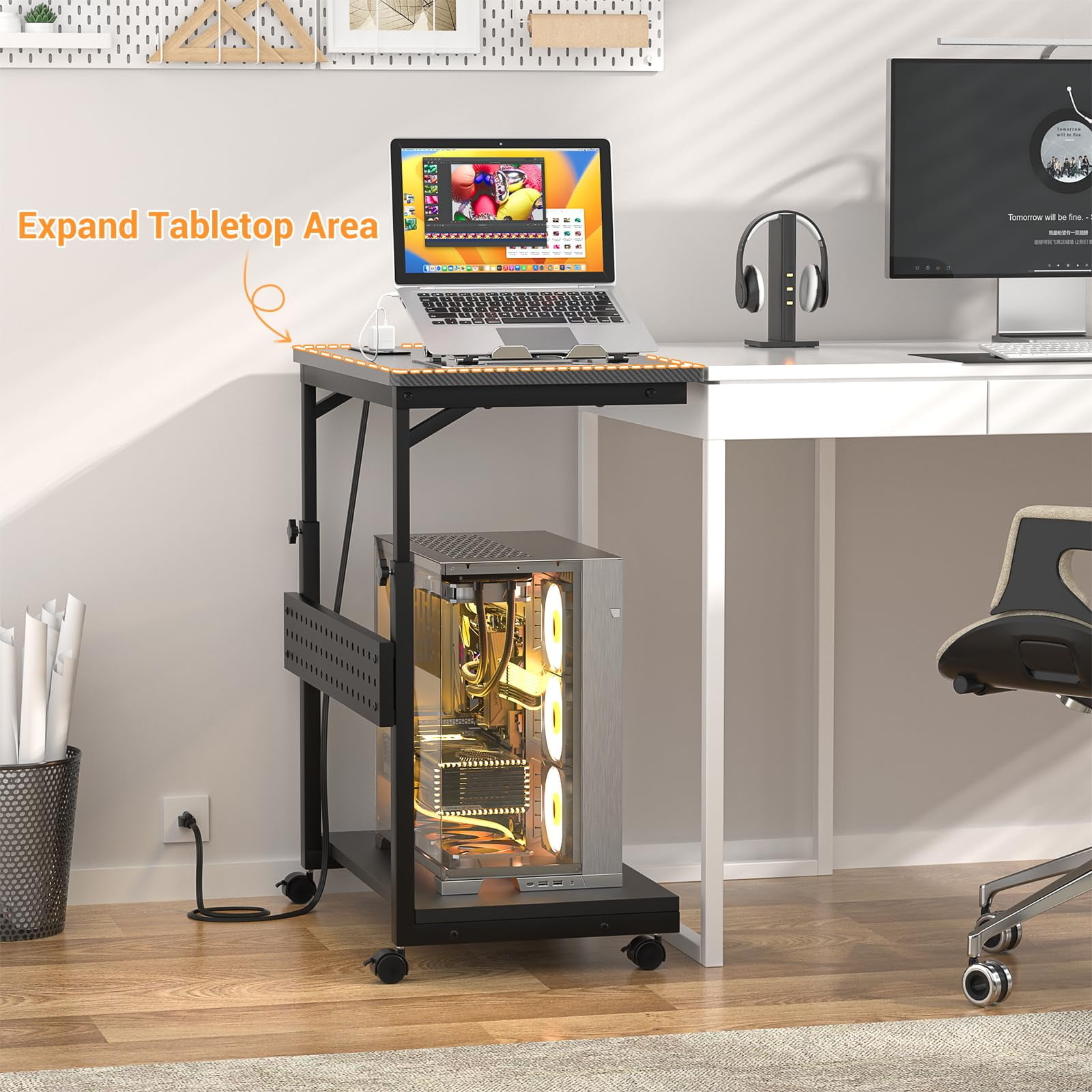 Homieasy 4 Levels Height Adjustable Computer Tower Stand with Power Strips - Mobile Under-Desk CPU Holder with Wheels, 24" Carbon Fiber,Carbon Fiber Black