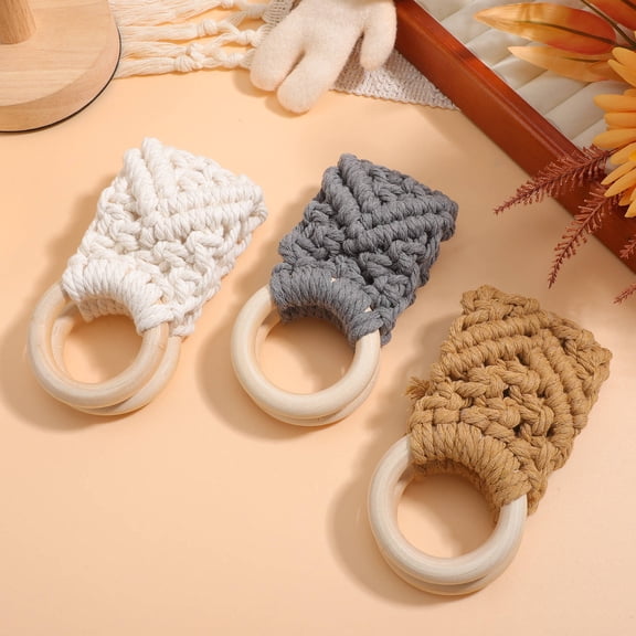 ROSENICE 3 Pcs Handmade Crochet Kitchen Towel Hanger Nordic Style Wood Cotton Rings for Storage Use Multi