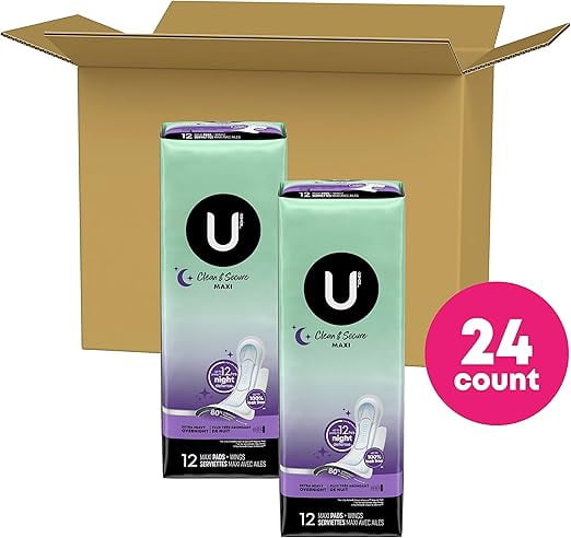 U by Kotex Security Maxi Feminine Pads with Wings, Extra Heavy Overnight Absorbency, Unscented, 24 Count