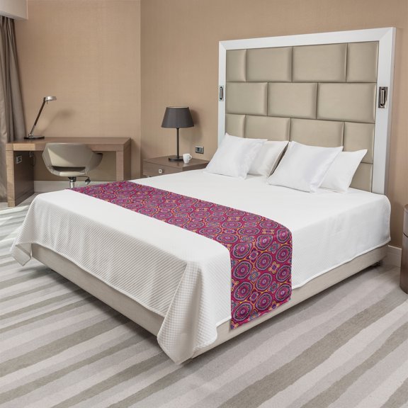 Ethnic Bed Runner, Traditional Pattern of Colorful Flowers Style Graphic in the Background Print, Decorative Accent Bedding Scarf for Hotels Homes and Guestrooms, Queen, Multicolor, by Ambesonne