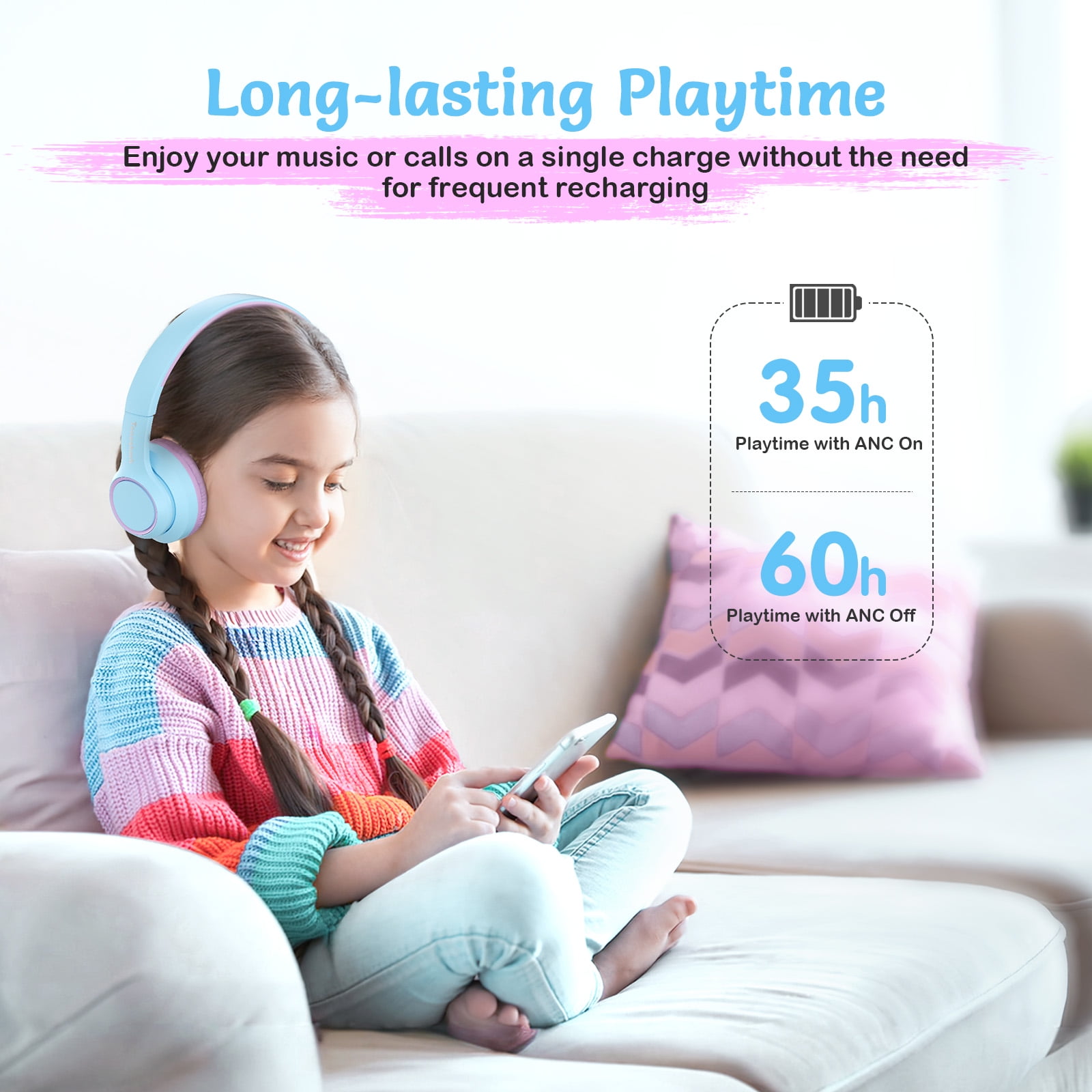 Tonoshark Active Noise Cancelling Headphones for Kids, 60H Playtime,Purple Wireless Bluetooth Over-Ear Headset Built-in Microphone for Home/School/Travel/Party - Includes Portable Case
