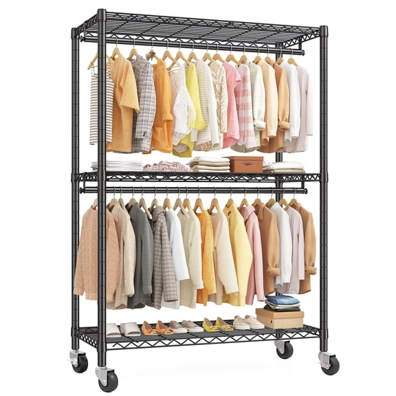 Heavy Duty Clothes Rack with Wheels, Portable Closet with 3 Shelves & 2 Hanging Rods, Max Load 500LBS, Black