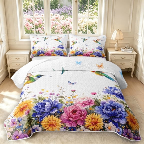 Erosebridal Lovely Hummingbird Twin Quilt Set,Kawaii Wildlife Twin Coverlet Set,White Blue,2pcs,1 Bedspread and 1 Pillowcase