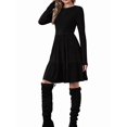 thumbnail image 3 of Women Long Sleeve Fall Dresses Flowy Casual Ribbed Knit Crew Neck Knee Length Sweater Dress Black L, 3 of 9