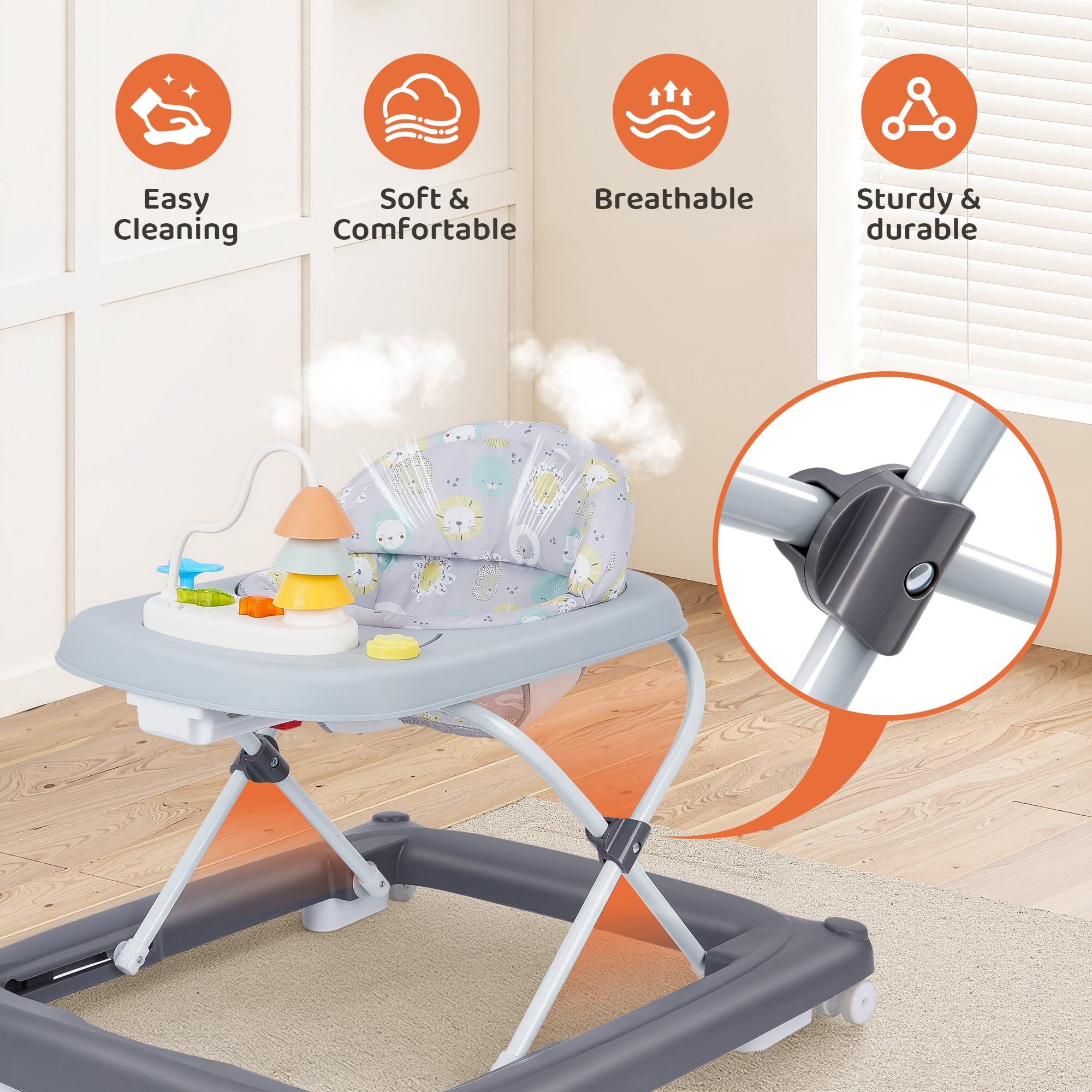 Babyeap Baby Walker,Foldable Baby Activity Walker with Wheels,Toddler Activity Centers,Removable Toys,Ages 6-15 Months,Gray