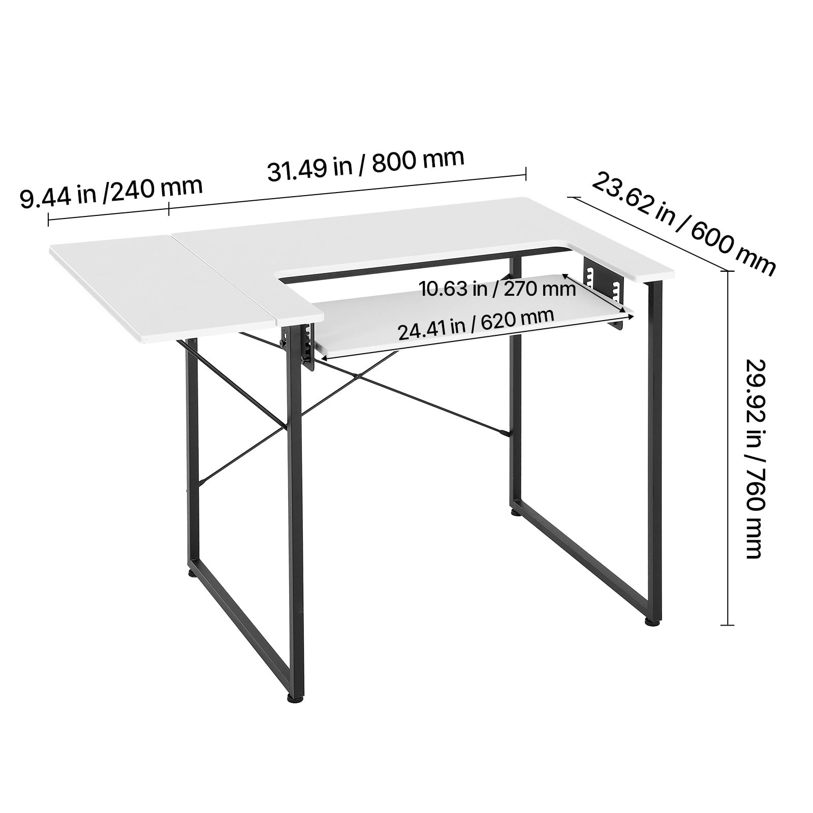 KFFKFF Multipurpose Sewing Table with Foldable Side Shelf, Adjustable Shelf, Sturdy Steel Legs, Ideal for Sewing, Crafting, Studying, and More, White