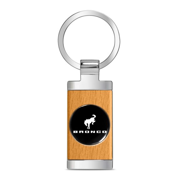 iPick Image for Ford Bronco Roundel Logo in Black on Maple Wood Chrome Metal Trim Key Chain, Official Licensed