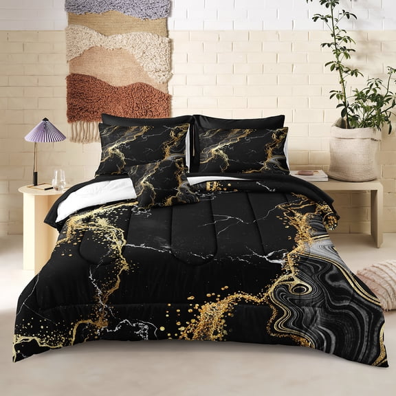 Marble Queen Comforter Set 8 Pieces,Black and Gold Queen Bed in a Bag,Modern Marble Texture Luxury Bed Set with Comforter, Pillowcase, Flat Sheet, Fitted Sheet and Cushion Cover