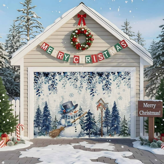 Fsddascl 7 x 8 Ft Christmas Garage Door Cover, Blue Eucalyptus Christmas Large Garage Door Banner, Snowman Snowflake Xmas Tree Rustic Hanging Garage Mural Background for Indoor Outdoor Party Supplies