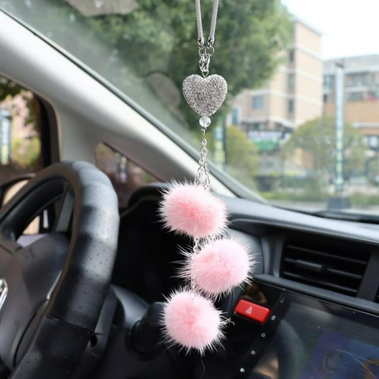 Car Accessories for Women,Car Bling Rear View Mirror Lucky Hanging Car  Ornament,Rhinestones Diamond Love Heart Plush ball Car Hanging Accessories,Bling  Car Charm Decoration for Car Decor 