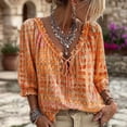 thumbnail image 2 of Women Abstract Geometric Print Drawstring V Neck Ruffled Top,Orange,M, 2 of 2