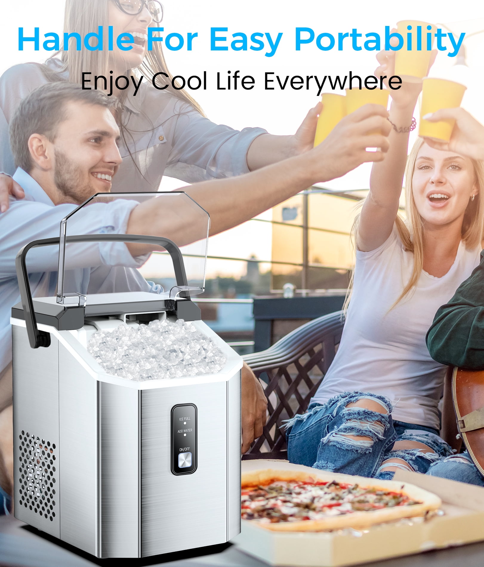 Countertop Nugget Ice Maker, Stainless Steel, 33lbs/Day, Self-Cleaning, Portable Nugget Ice Maker Machine with Handle, Scoop and Basket, Silver