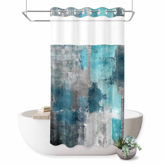 No Hook Shower Curtain with Built-in Rings - Teal Gray Graffiti Block Washable Waterproof Fabric Bathroom Curtains for Hotel,Rentals, Stall 36 X 78 Inch , Modern Abstract Texture Art