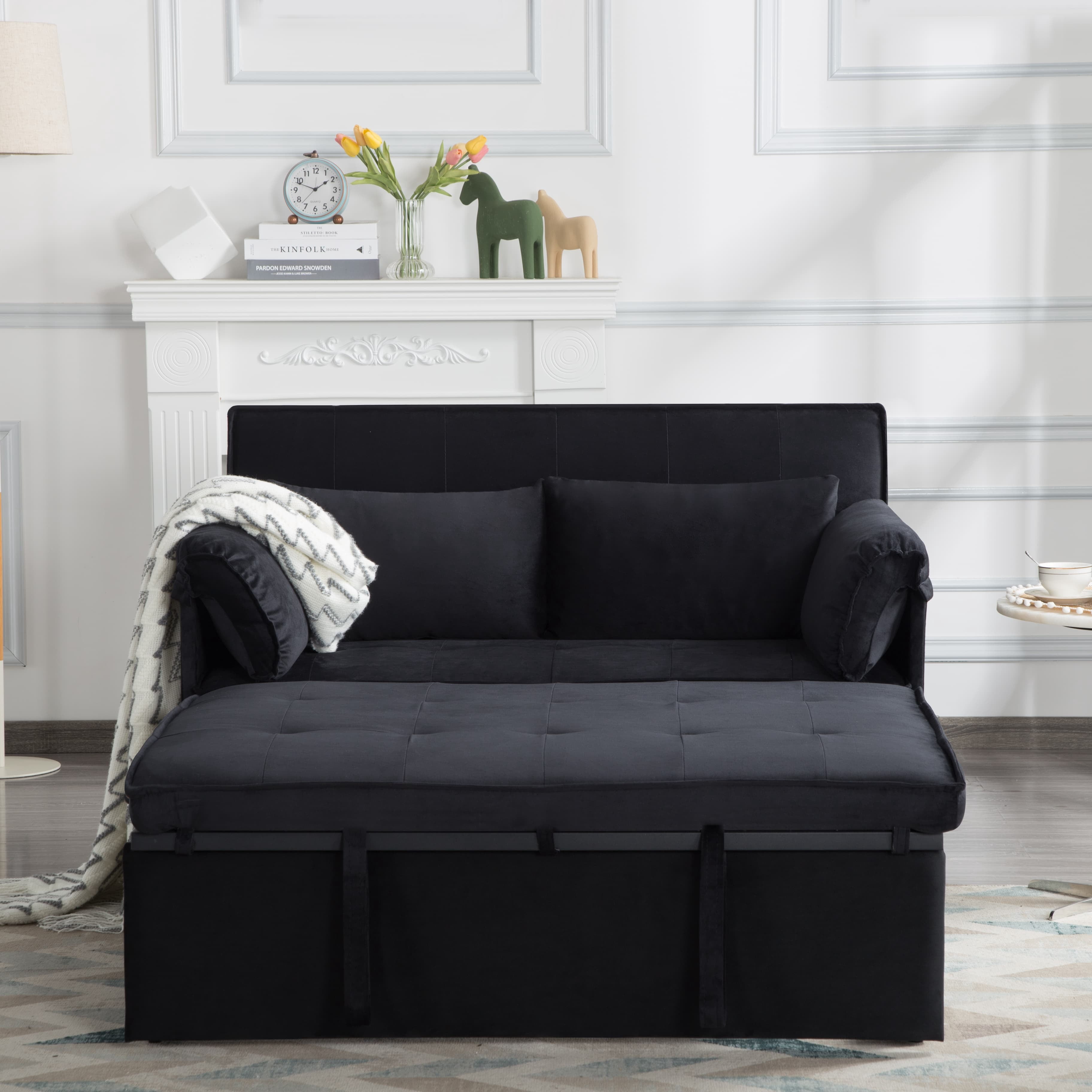 BSHTI 46”Twin Size Sleeper Sofa Bed,5 Angles Reclined,Velvet Upholstered Loveseat,Pull-out Sleeper Sofa,Perfect for Small Spaces(Black)