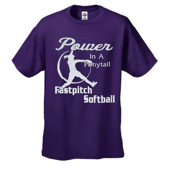 Softball T-shirt Power in A Ponytail Fastpitch Fast Pitch Pitcher Travel Ball League Team Player Youth Tee Shirt-Purple-XL
