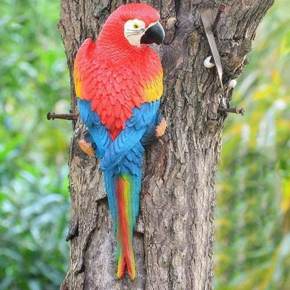 Namzi Hanging Parrot Statue, 12.2'' Super Realistic Wall Mounted Resin Animal Sculpture for Patio Garden Tree Indoor Home Decor(red A)